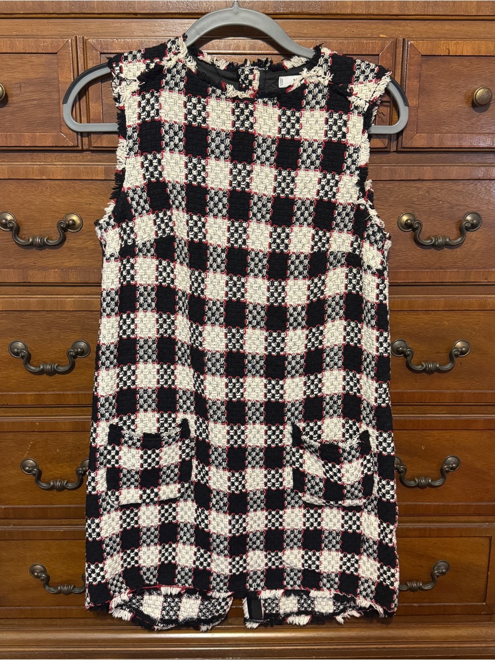 Mango Suit Plaid Tweed Shift Dress S 4 Frayed Preppy Mod Academia Pockets